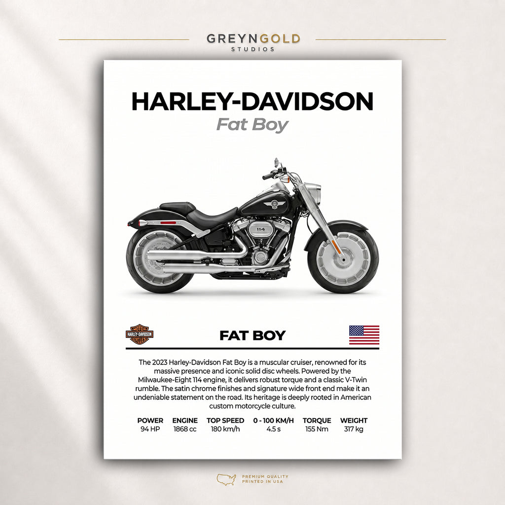 Harley-Davidson Fat Boy Poster - Adventure Motorcycle Wall Art, American Motorbike Print, Touring Bike Garage Decor, Biker Gift Premium Poster Print - Pick Size