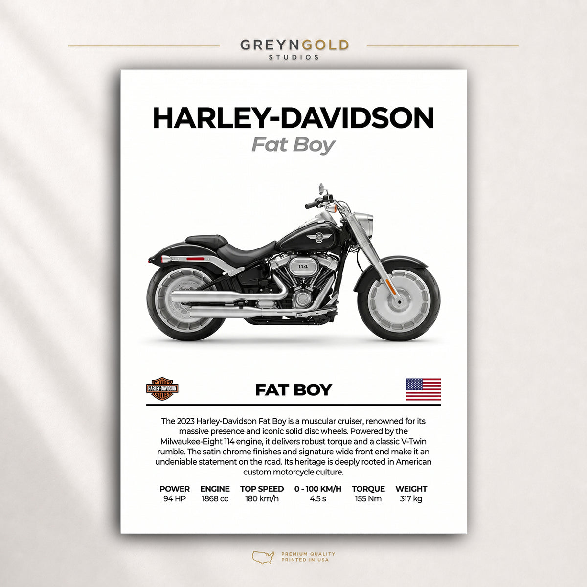 Harley-Davidson Fat Boy Poster - Adventure Motorcycle Wall Art, American Motorbike Print, Touring Bike Garage Decor, Biker Gift Premium Poster Print - Pick Size