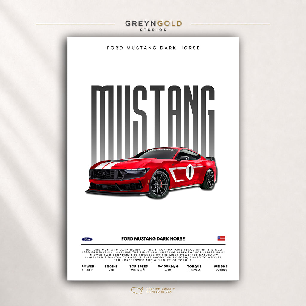 Ford Mustang Dark Horse American Supercar Wall Art, Sports Car Specification Print, Racing Garage Decor, Automotive Car Lover Gift Premium Poster Print - Pick Size