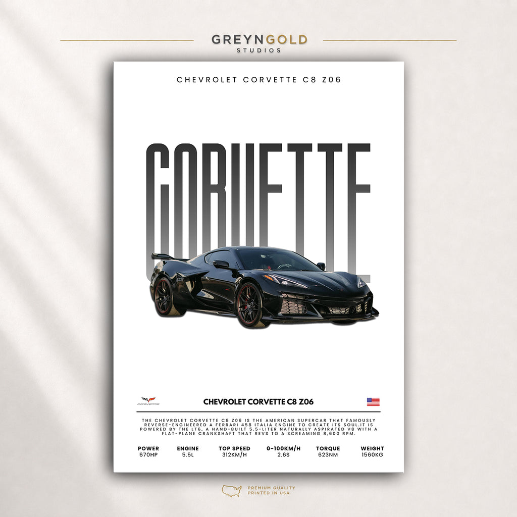 Chevrolet Corvette C8 Z06 Poster - American Supercar Wall Art, Sports Car Print, Racing Garage Decor, Performance Car Lover Gift Premium Poster Print - Pick Size