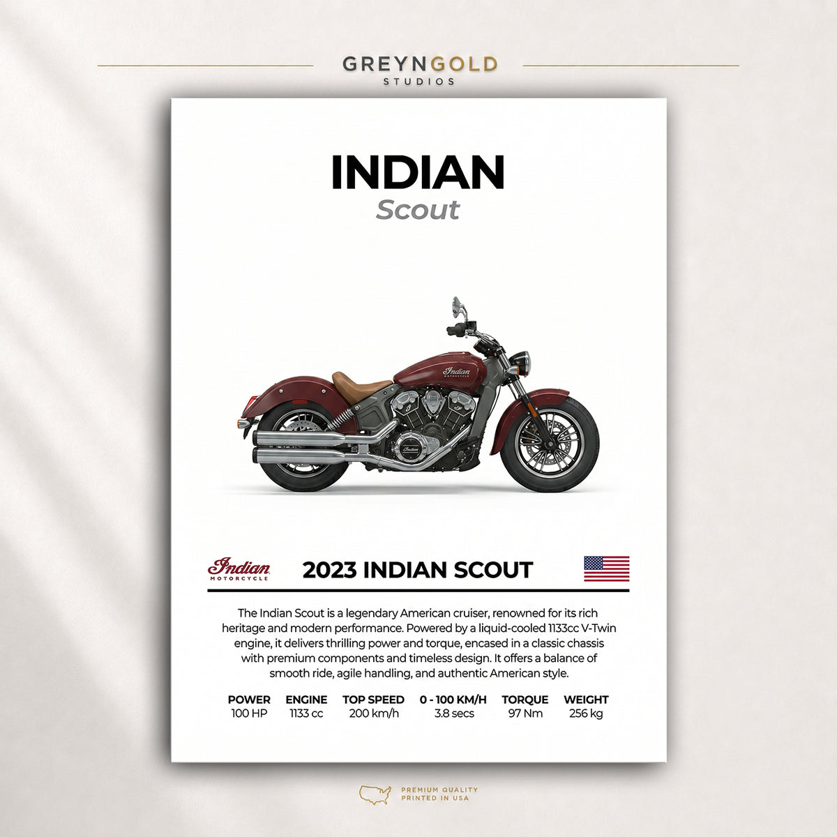 2023 Indian Scout Poster - American Motorcycle Wall Art, USA Cruiser Bike Print, Classic Motorbike Garage Decor, Man Cave Biker Gift Premium Poster Print - Pick Size