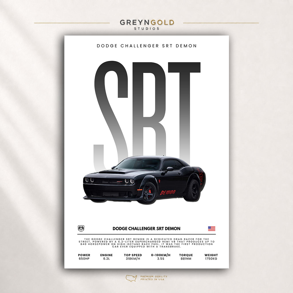 Dodge Challenger SRT Demon Poster - American Muscle Car Wall Art, Racing Garage Decor, Car Lover Gift Premium Poster Print - Pick Size
