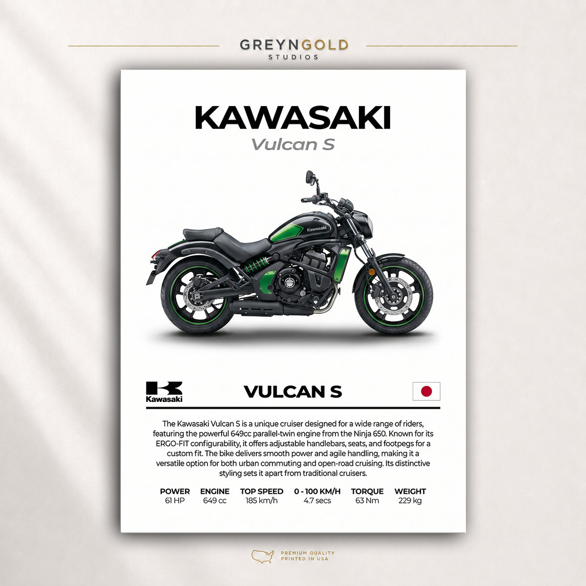 Kawasaki Vulcan S Superbike Wall Art – Japanese Sports Motorcycle Print, Racing Bike Decor, High Performance Motorbike Artwork, Garage Man Cave Biker Gift Premium Poster Print - Pick Size
