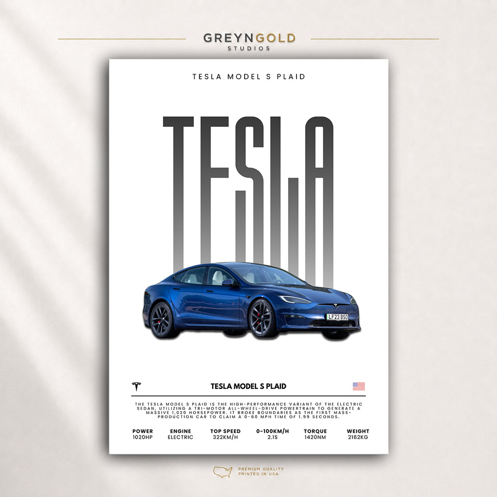 Tesla Model S Plaid Poster - American Electric Performance Car Wall Art, Modern Automotive Garage Decor, Car Lover Gift Premium Poster Print - Pick Size