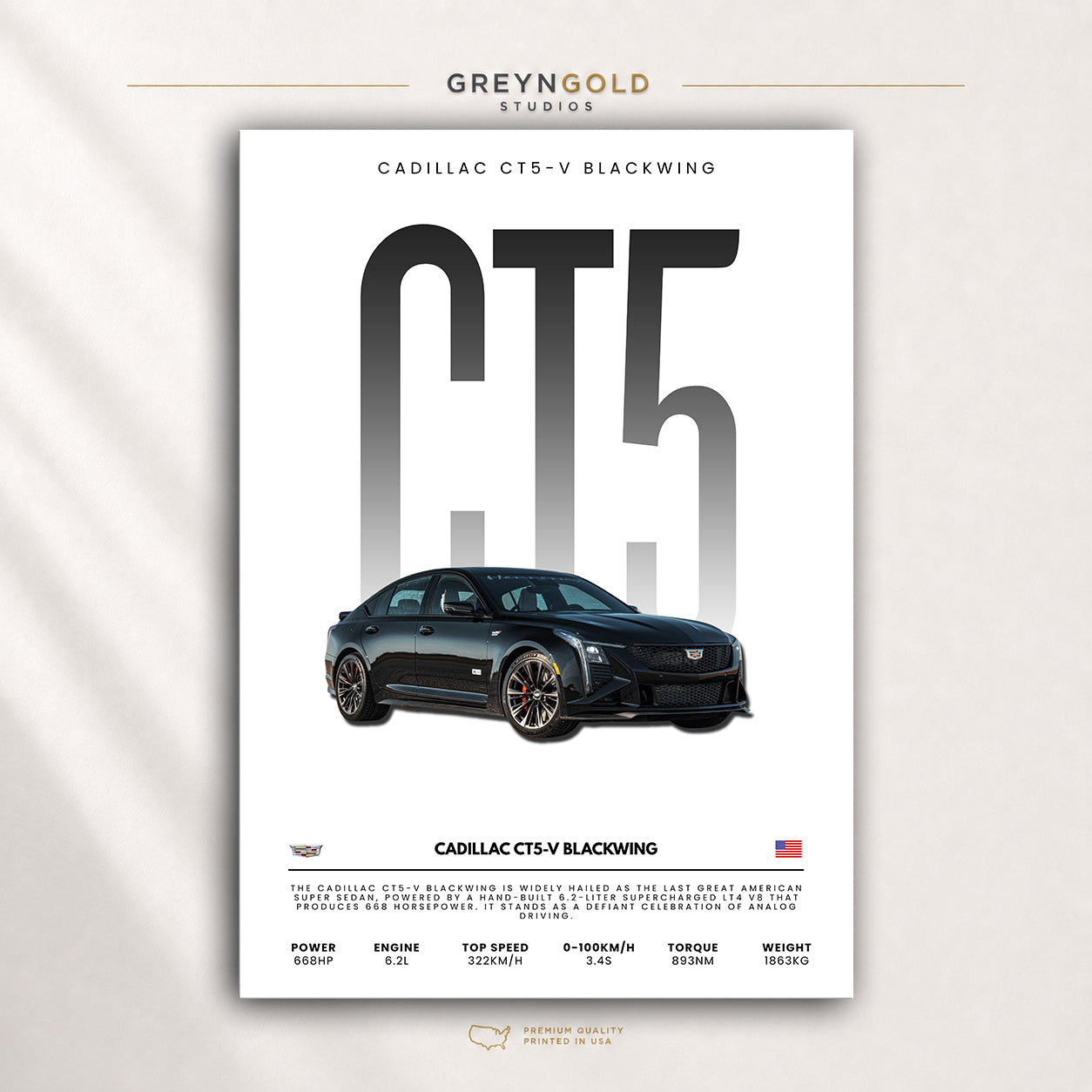 Cadillac CT5-V Blackwing Poster, American Luxury Sports Sedan Wall Art, Performance Garage Decor, Car Lover Gift Premium Poster Print - Pick Size