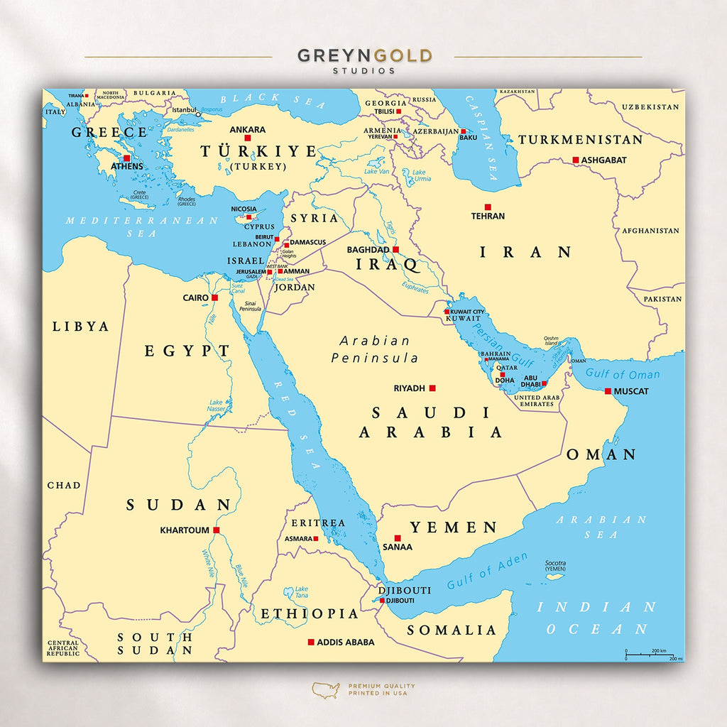 Middle East Political Map Wall Art Poster – Detailed Countries & Capitals Geography Print, Gulf Countries Map Classroom Learning Decor, Kids Study Room Poster, Travel Map, Office & Home Decor Premium Poster Print - Pick Size