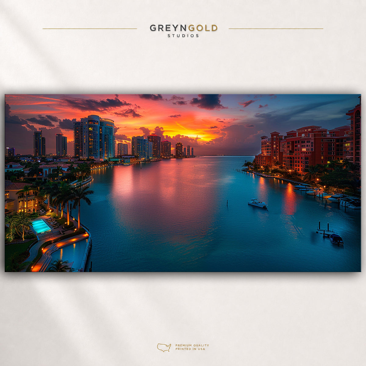 Miami Travel Poster - USA Skyline Print, Florida City Sunset Wall Art, Modern Cityscape Home Decor Premium Poster Print - Pick Size