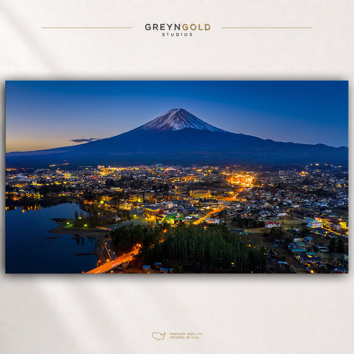 Mount Fuji Japan Night Poster – Kawaguchiko City Lights & Mountain Landscape Wall Art, Japanese Travel Print, Modern Urban Home Decor Premium Poster Print - Pick Size