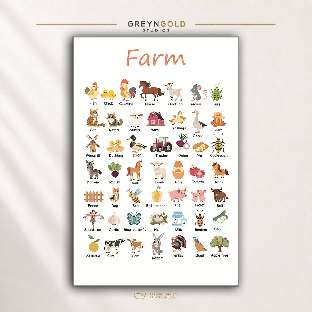 Farm Animals Educational Poster for Kids – Farm Vocabulary Learning Chart, Preschool Classroom Wall Art, Nursery & Homeschool Decor Premium Poster Print - Pick Size