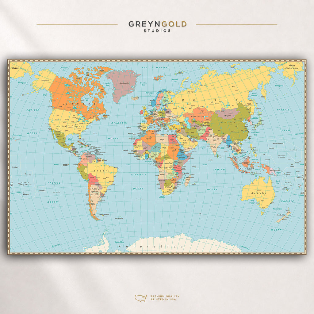Detailed Political World Map Wall Art Poster – Educational Geography Map Print, Countries & Continents, Classroom Decor, Office Wall Art, Travel Map, Kids Learning Poster Premium Poster Print - Pick Size