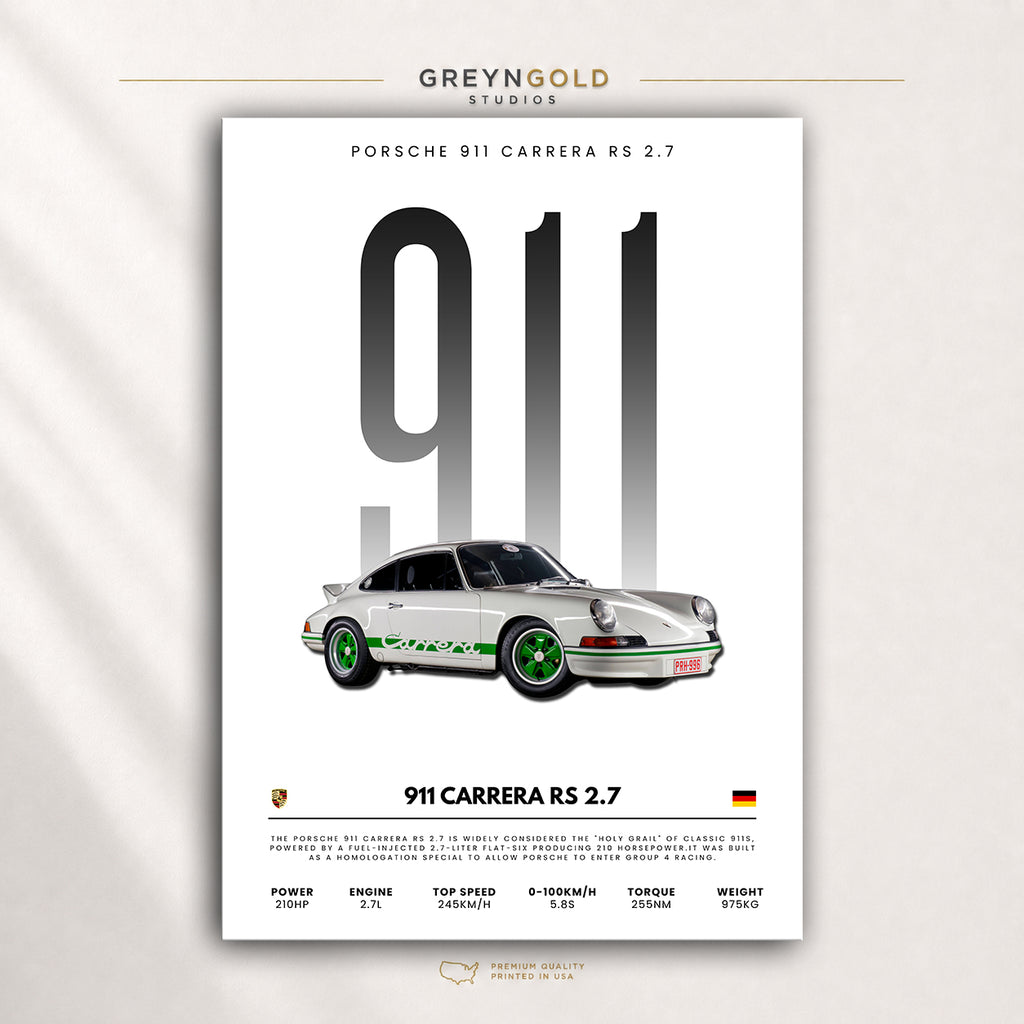 Porsche 911 Carrera RS 2.7 Poster - Classic German Sports Car Wall Art, Vintage Racing Car Print, Retro Garage Decor, Car Lover Gift Premium Poster Print - Pick Size