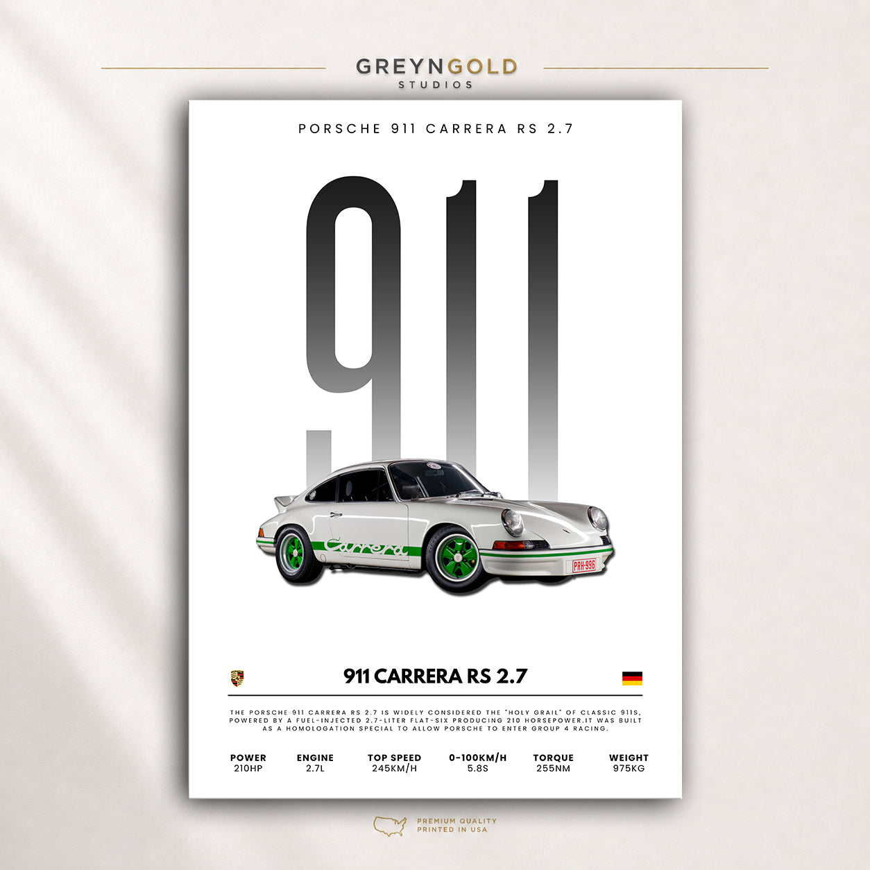 Porsche 911 Carrera RS 2.7 Poster - Classic German Sports Car Wall Art, Vintage Racing Car Print, Retro Garage Decor, Car Lover Gift Premium Poster Print - Pick Size