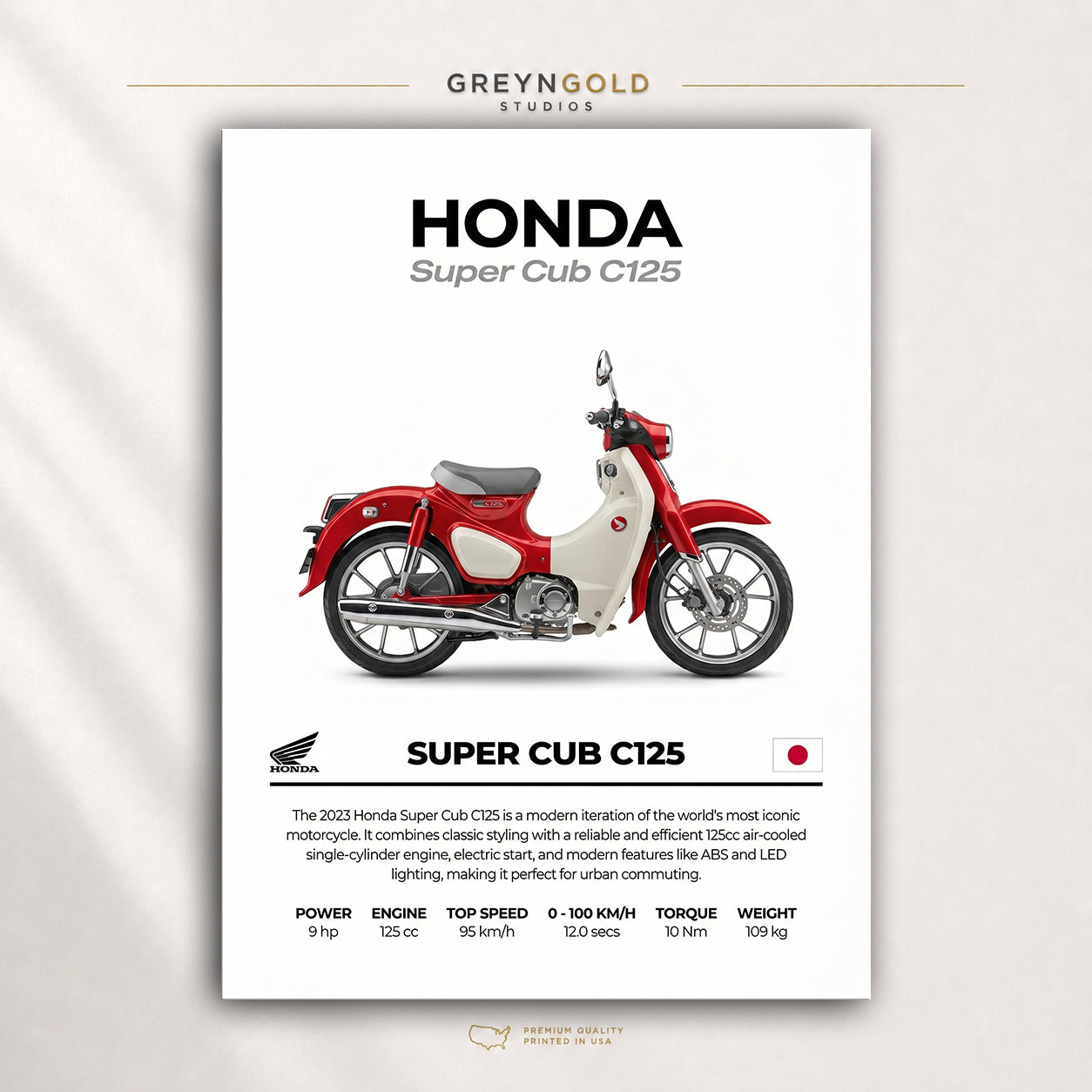 Honda Super Cub C125 Superbike Wall Art - Japanese Sports Motorcycle Print, Racing Bike Decor, High Performance Motorbike Artwork, Garage Man Cave Biker Gift Premium Poster Print - Pick Size