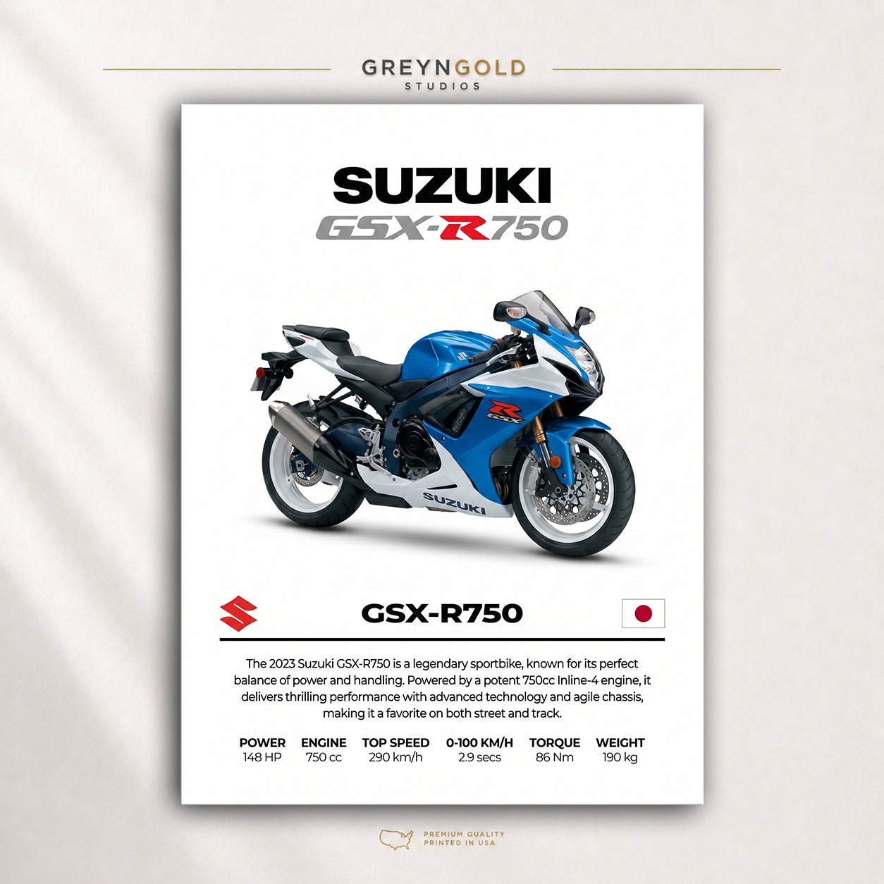 Suzuki GSX-R750 Superbike Wall Art – Japanese Sports Motorcycle Print, Racing Bike Decor, High Performance Motorbike Artwork, Garage Man Cave Biker Gift Premium Poster Print - Pick Size