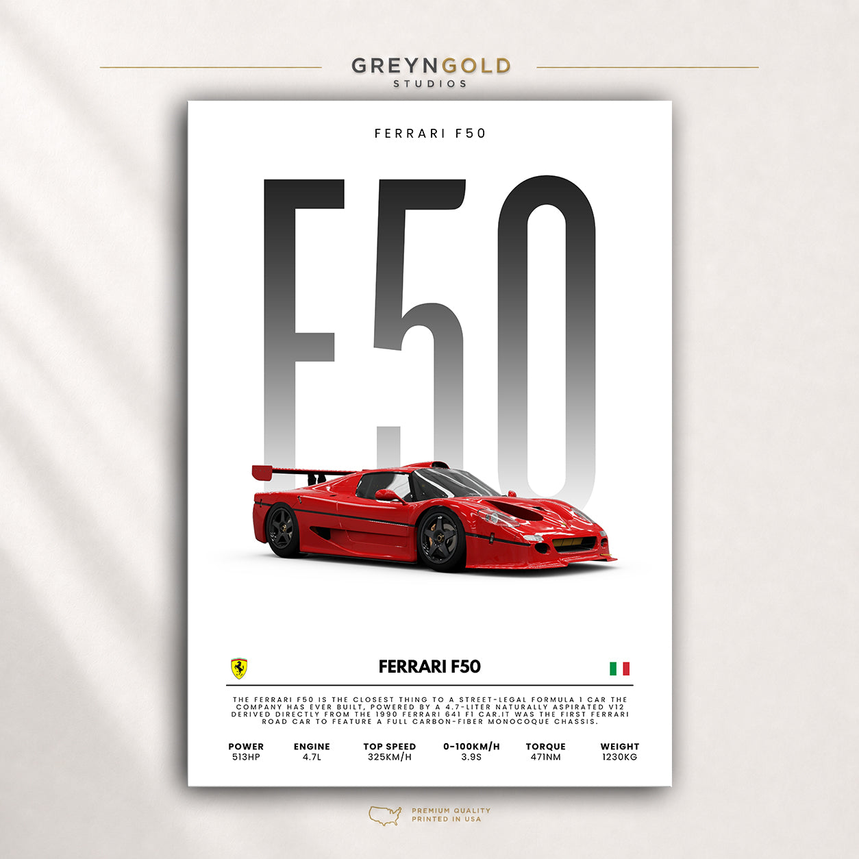 Ferrari F50 Poster - Italian Supercar Wall Art, Vintage Exotic Sports Car Decor, Luxury Car Garage Art Print, Car Lover Gift Premium Poster Print - Pick Size