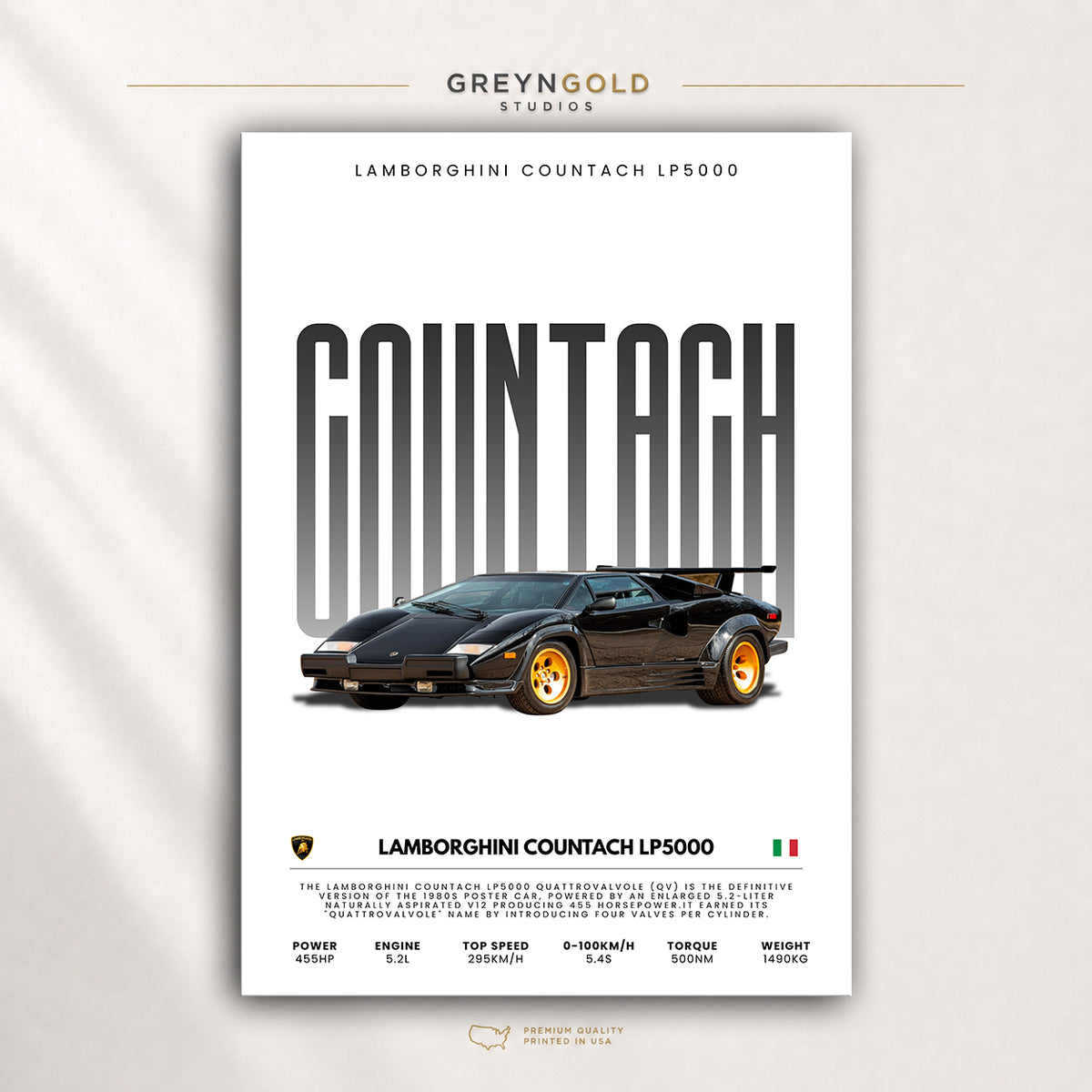 Lamborghini Countach LP5000 Poster - Classic Italian Supercar Wall Art, Sports Car Specification Print, Retro Garage Decor, Car Lover Gift Premium Poster Print - Pick Size
