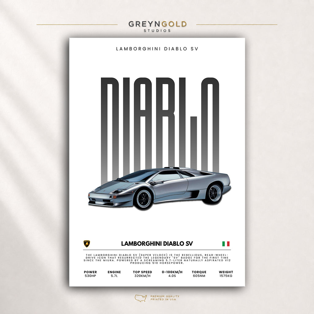 Lamborghini Diablo SV Poster - Classic Italian Supercar Wall Art, Sports Car Specification Print, Retro Garage Decor, Car Lover Gift Premium Poster Print - Pick Size