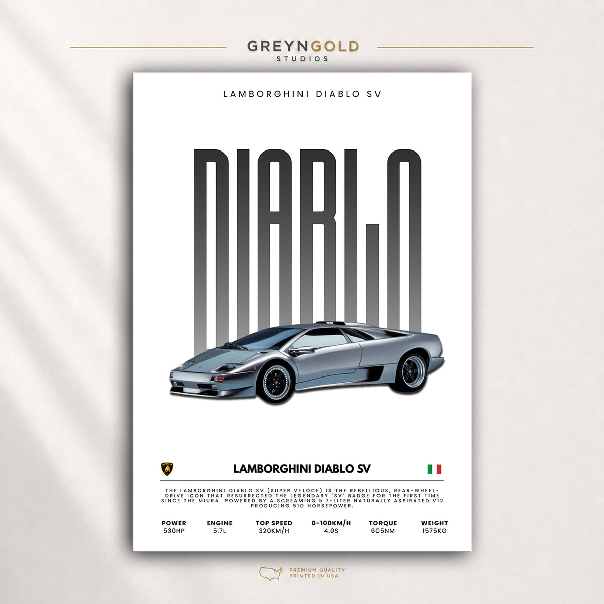 Lamborghini Diablo SV Poster - Classic Italian Supercar Wall Art, Sports Car Specification Print, Retro Garage Decor, Car Lover Gift Premium Poster Print - Pick Size
