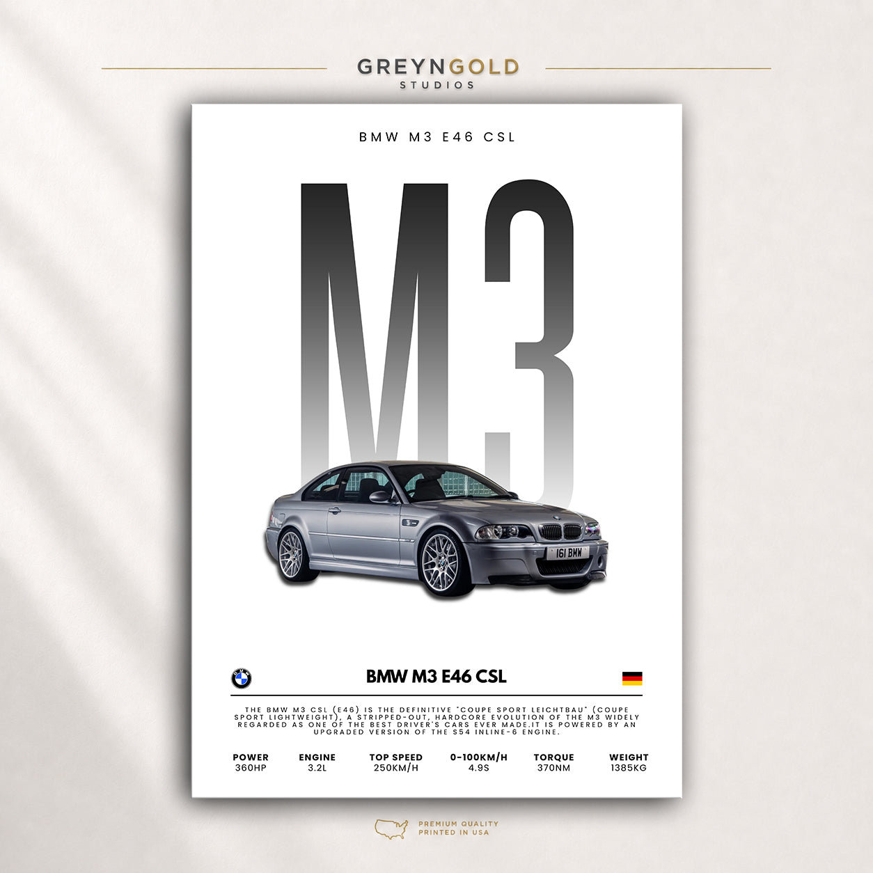 BMW M3 E46 CSL Poster, German Sports Car Wall Art, Classic Performance Coupe Print, Motorsport Garage Decor, Car Lover Gift Premium Poster Print - Pick Size