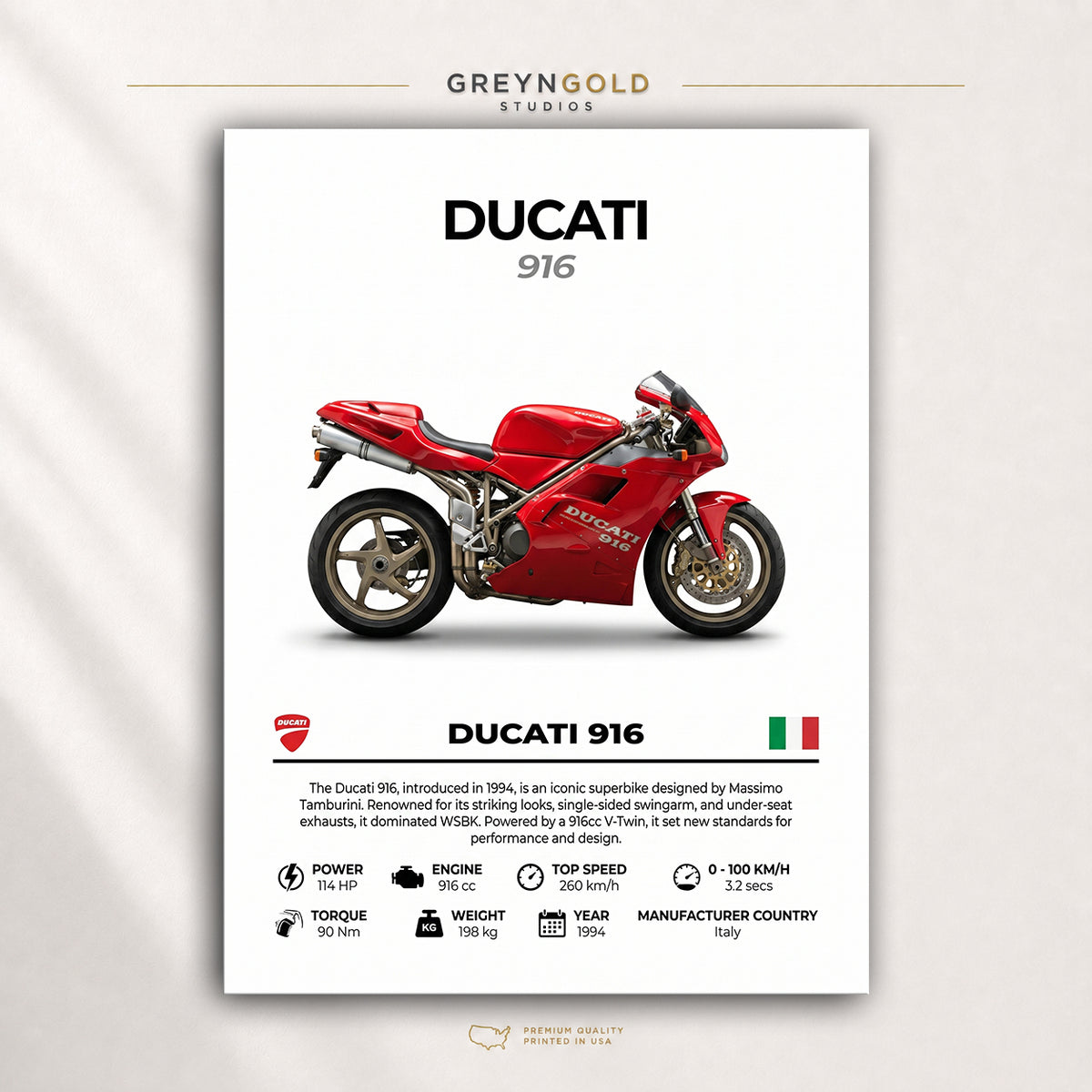 Ducati 916 Superbike Wall Art - Italian Sports Motorcycle Print, Racing Bike Decor, High Performance Motorbike Artwork, Garage Man Cave Biker Gift Premium Poster Print - Pick Size