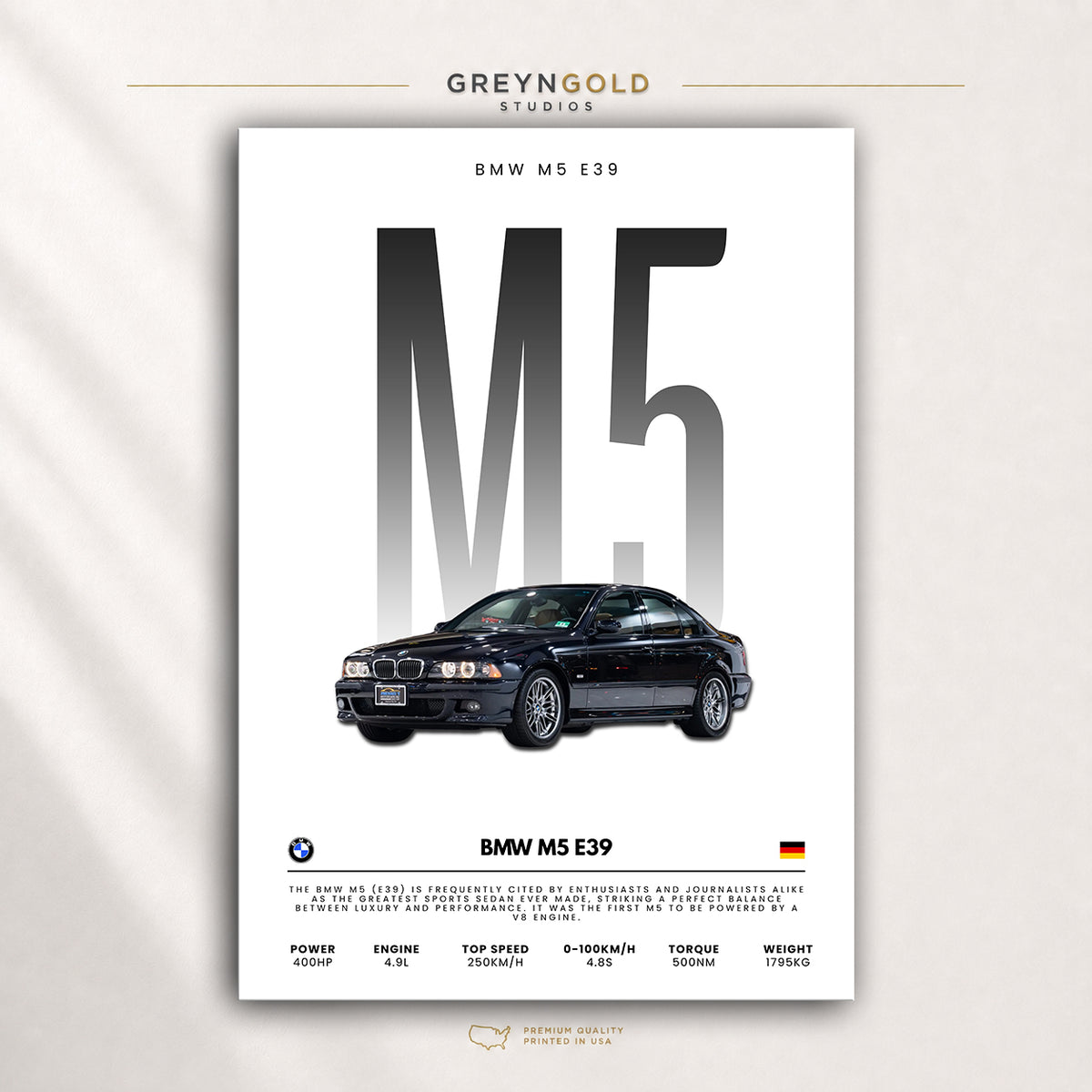 BMW M5 E39 German Sports Car Wall Art, Classic Performance Coupe Print, Motorsport Garage Decor, Car Lover Gift Premium Poster Print - Pick Size