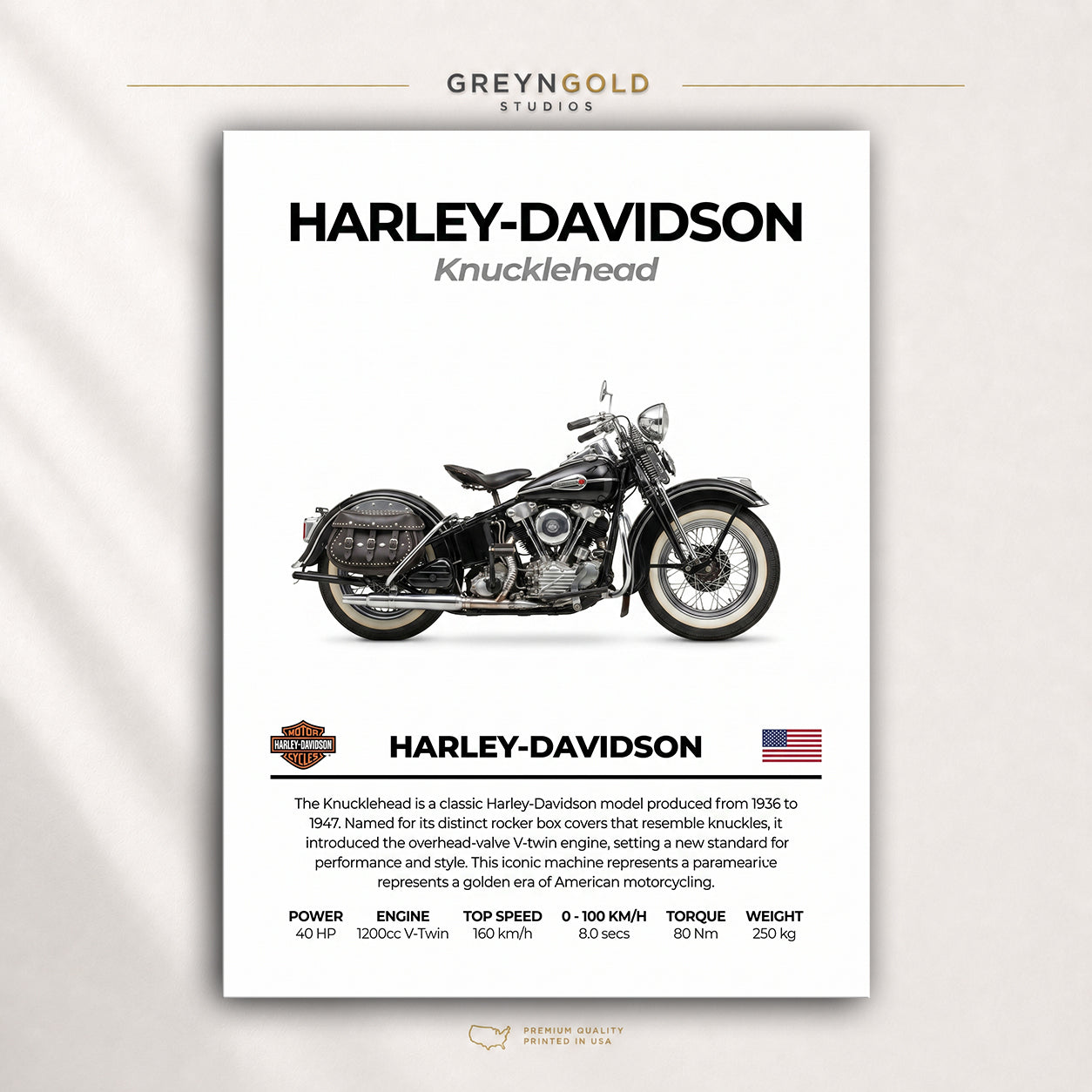 Harley-Davidson Knucklehead Poster - Adventure Motorcycle Wall Art, American Motorbike Print, Touring Bike Garage Decor, Biker Gift Premium Poster Print - Pick Size
