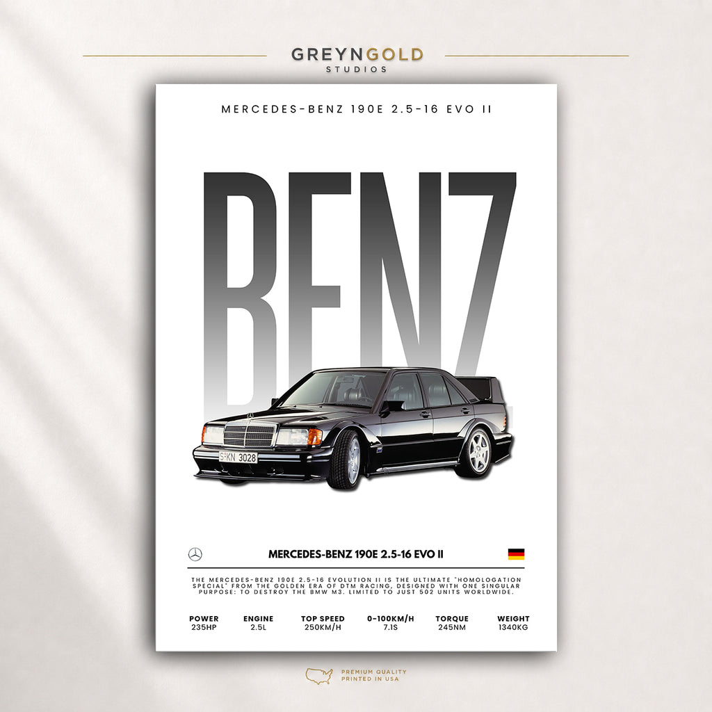 Mercedes-Benz 190E 2.5-16 Evolution II Poster, German Classic Sports Sedan Wall Art, Racing Car Print, Vintage Motorsport Garage Decor, Car Lover Gift Premium Poster Print - Pick Size