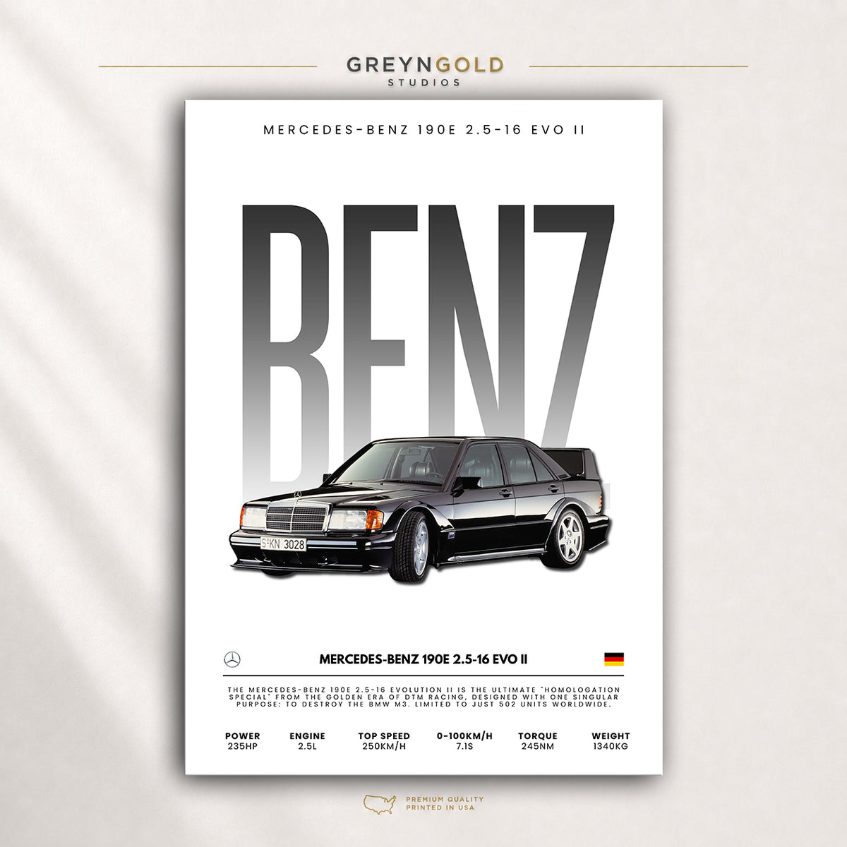 Mercedes-Benz 190E 2.5-16 Evolution II Poster, German Classic Sports Sedan Wall Art, Racing Car Print, Vintage Motorsport Garage Decor, Car Lover Gift Premium Poster Print - Pick Size
