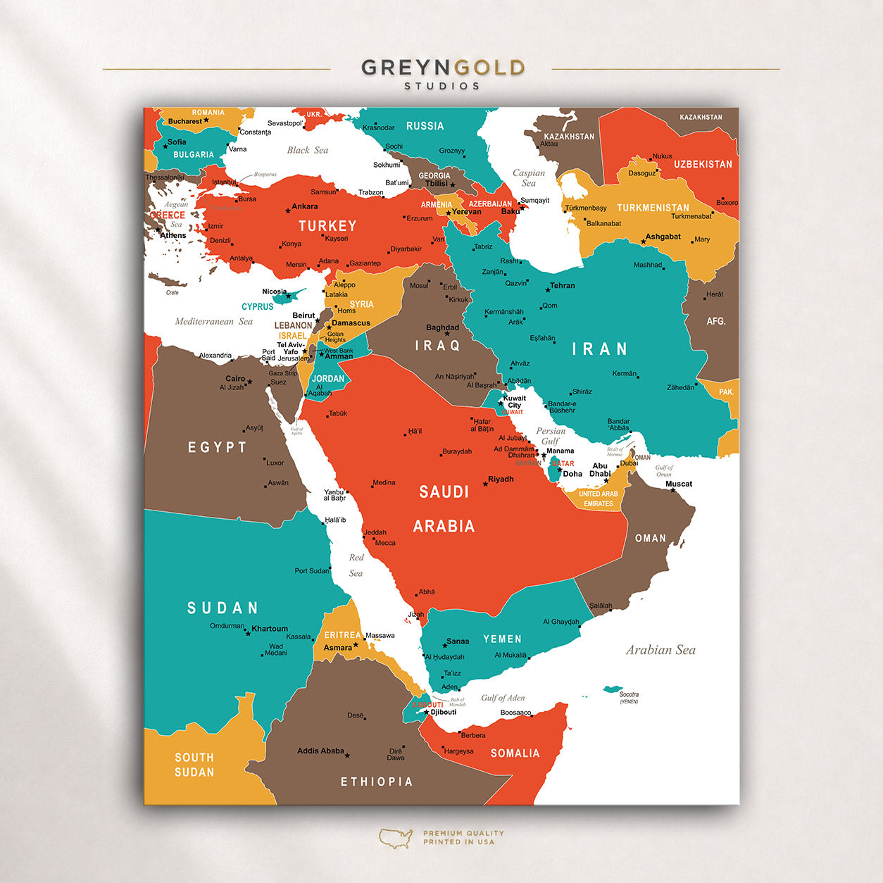 Middle East Map Wall Art Poster – Detailed Countries & Capitals Geography Print, Political Map of Gulf Countries, Classroom Learning Decor, Kids Study Room Poster, Travel Map, Office & Home Decor Premium Poster Print - Pick Size