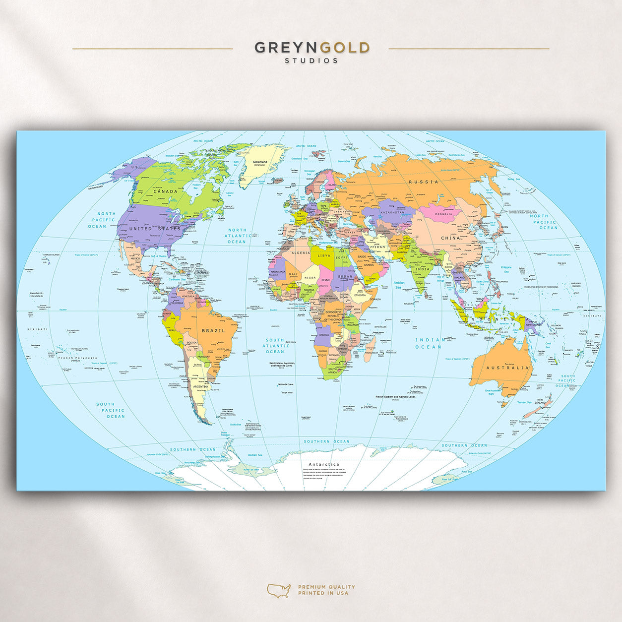 Political World Map Wall Art Poster – Educational Geography Map Print, Detailed Countries & Continents, Classroom Decor, Office Wall Art, Travel Map, Kids Learning Poster Premium Poster Print - Pick Size