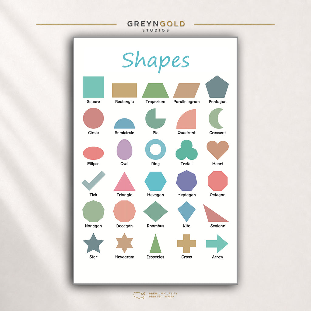 Kids Shapes Poster – 2D Geometry Learning Chart, Circle Square Triangle Rectangle, Preschool Classroom & Homeschool Decor Premium Poster Print - Pick Size