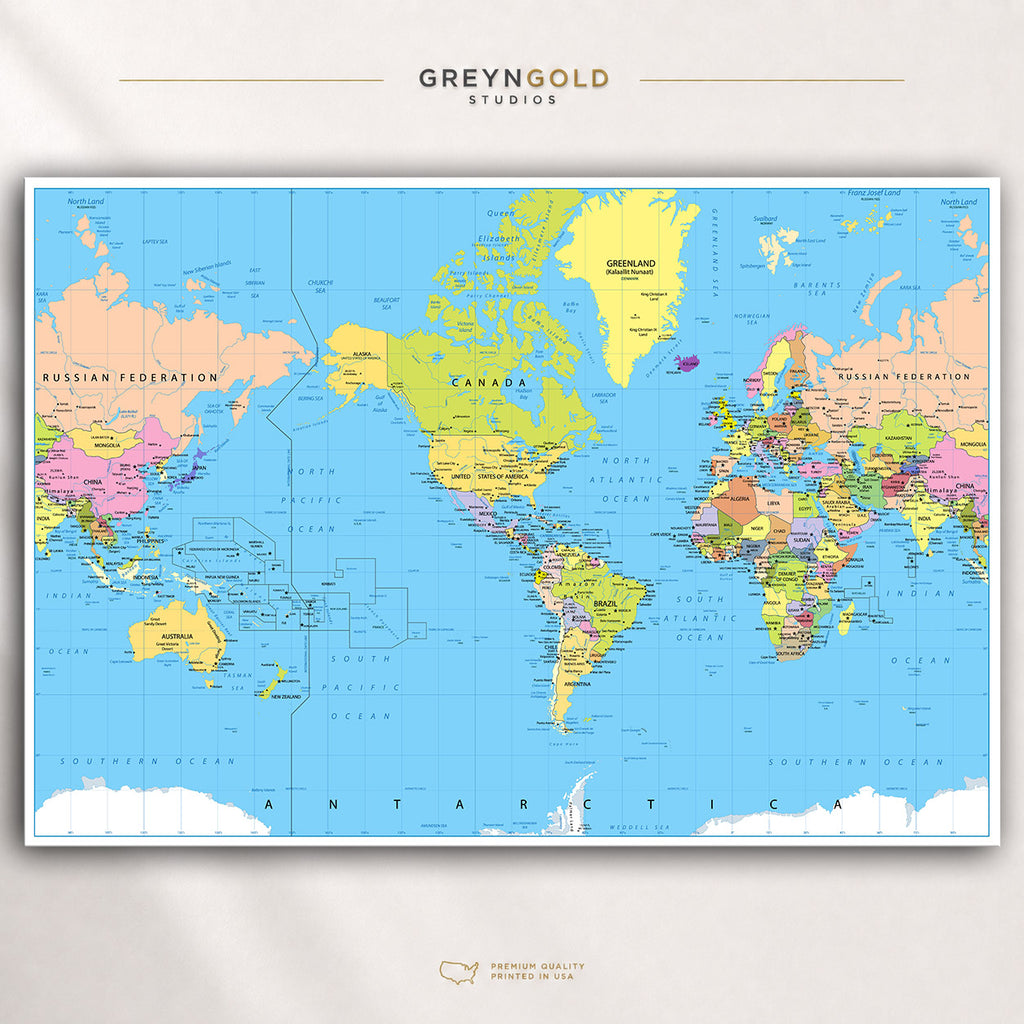 Political World Map Wall Art Poster – Detailed World Atlas, Educational Geography Map Print, Countries & Continents, Classroom Decor, Office Wall Art, Travel Map, Kids Learning Poster Premium Poster Print - Pick Size