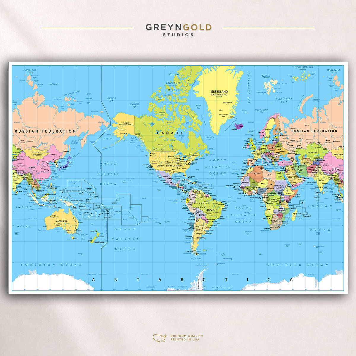 Political World Map Wall Art Poster – Detailed World Atlas, Educational Geography Map Print, Countries & Continents, Classroom Decor, Office Wall Art, Travel Map, Kids Learning Poster Premium Poster Print - Pick Size