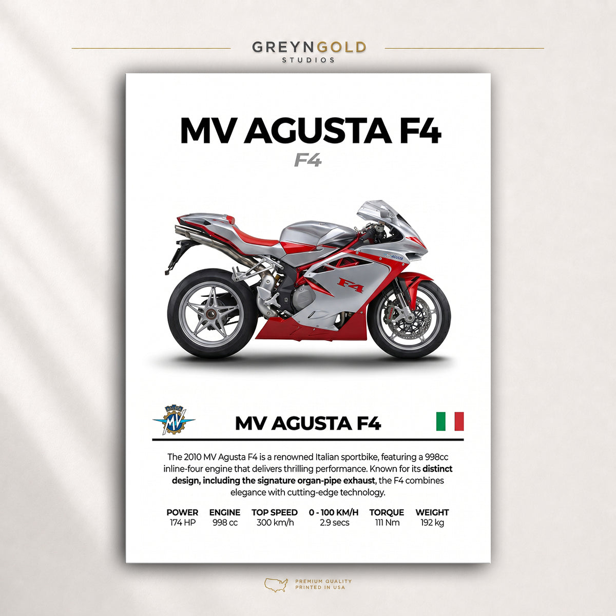 MV Agusta F4 Superbike Wall Art - Italian Sports Motorcycle Print, Racing Bike Decor, High Performance Motorbike Artwork, Garage Man Cave Biker Gift Premium Poster Print - Pick Size