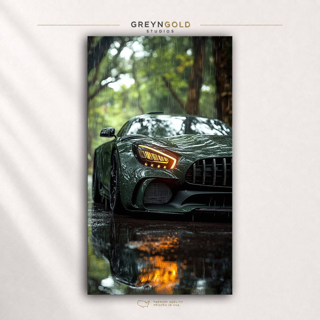 Mercedes-Benz AMG GT Wall Art Poster – Green Luxury Sports Car Print, Rainy Day Automotive Artwork, German Supercar Poster, Garage, Office & Man Cave Decor Premium Poster Print - Pick Size