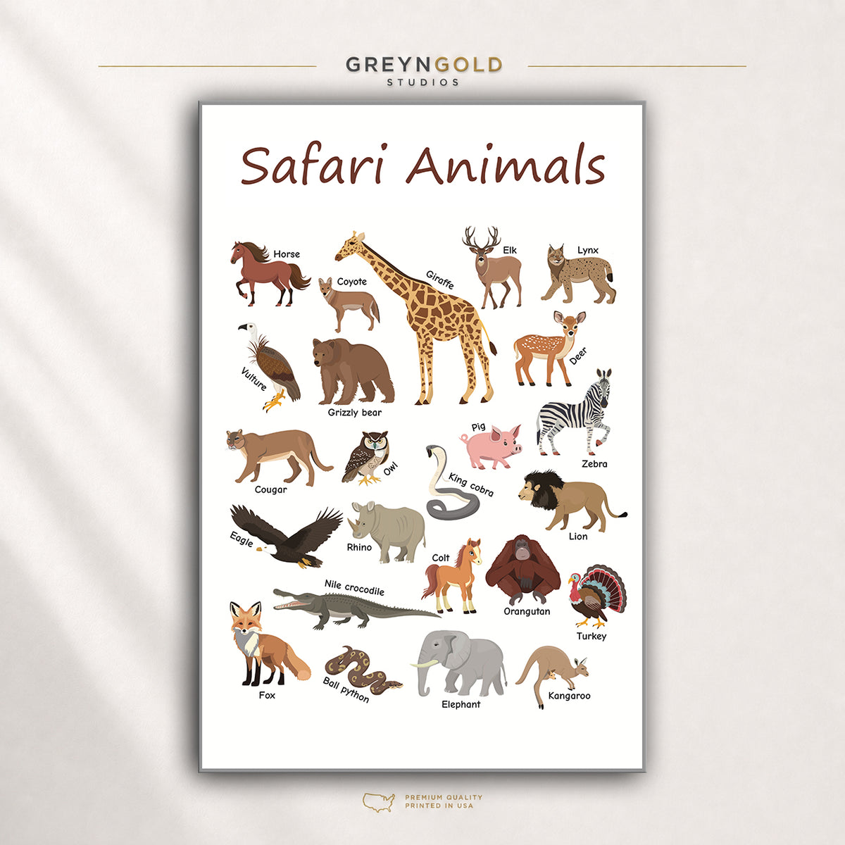 Safari Animals Educational Poster for Kids - Wild Animal Names Learning Chart, Preschool Classroom Wall Art, Nursery Decor Premium Poster Print - Pick Size