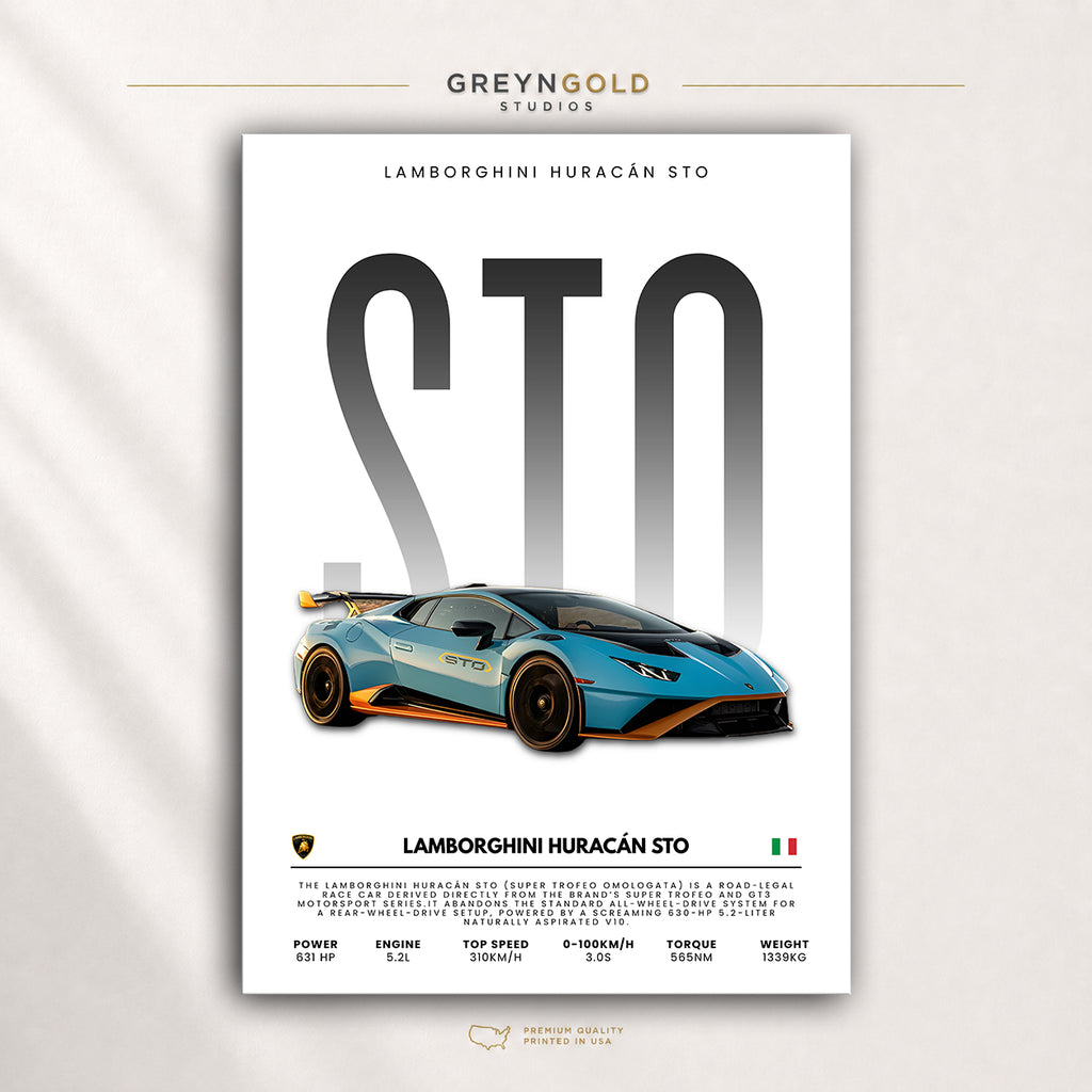 Lamborghini Huracán STO Poster, Italian Supercar Wall Art, Exotic Sports Car Specification Print, Racing Automotive Decor, Garage Man Cave Car Art Premium Poster Print - Pick Size