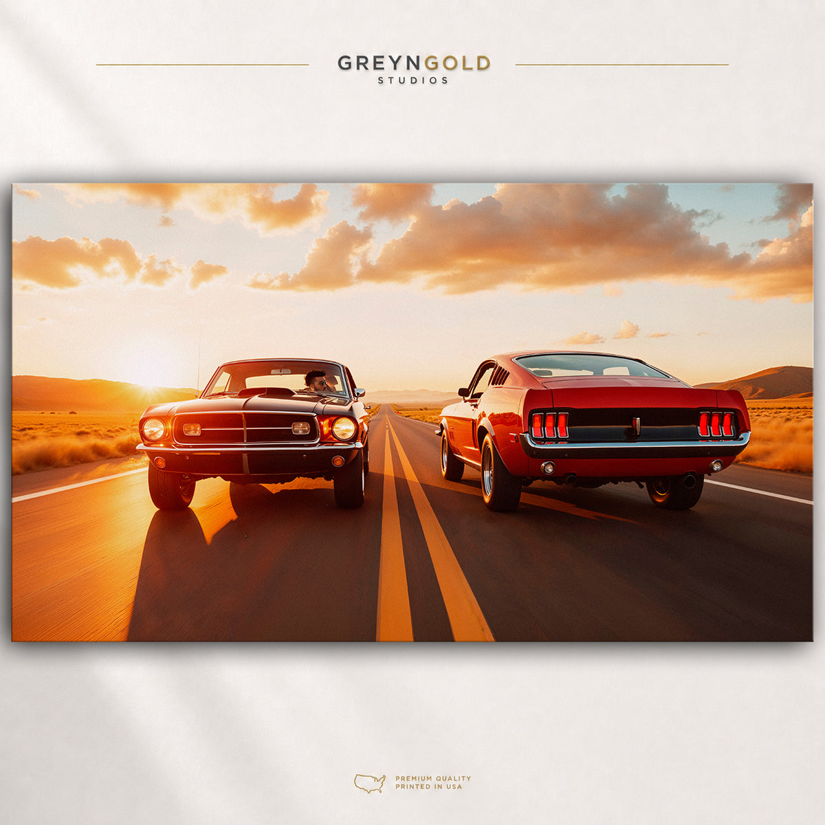 Classic American Muscle Car Poster – Vintage Sports Cars on Open Road Sunset Wall Art, Garage Decor Premium Poster Print - Pick Size