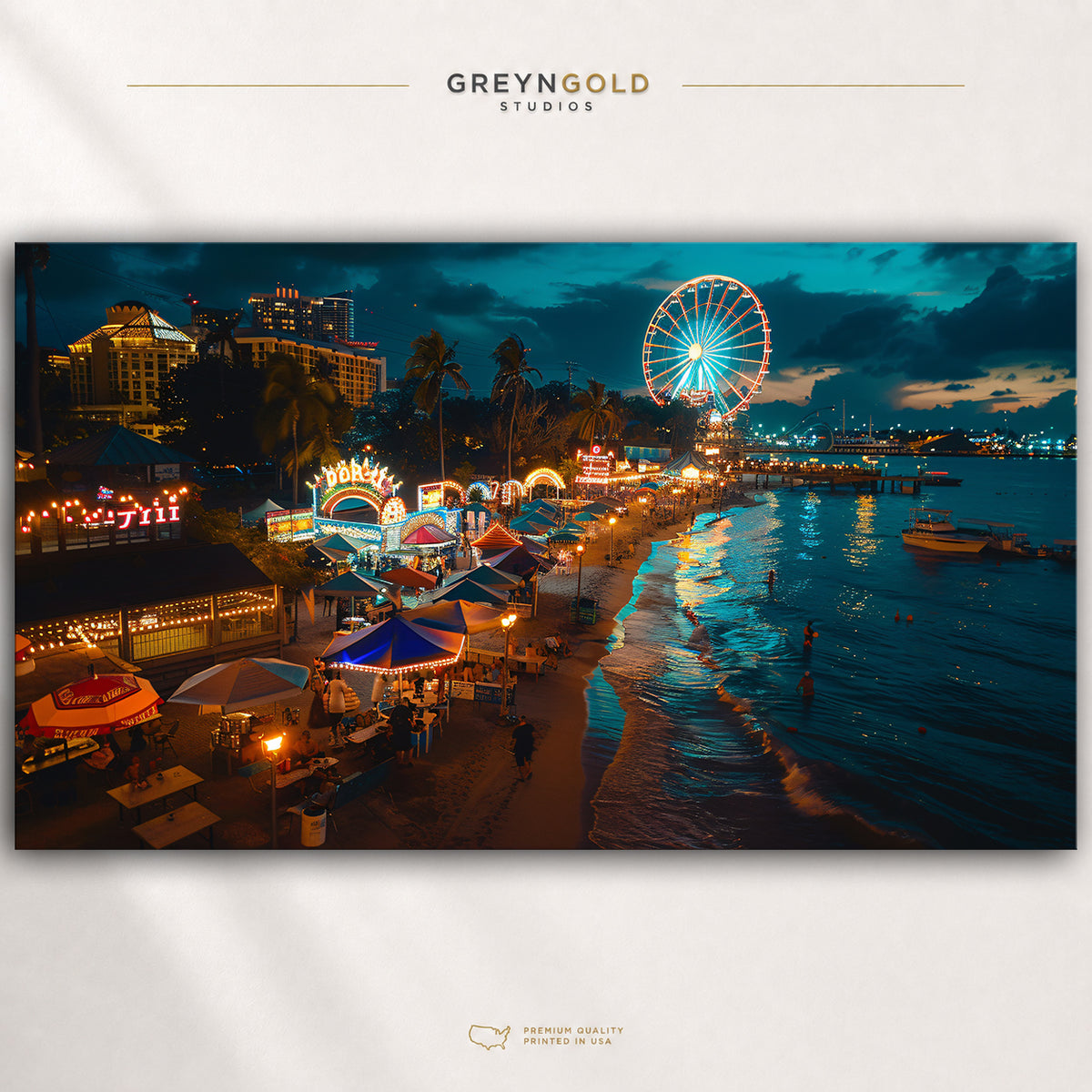 Miami Waterfront Poster - Bayside Marketplace Wall Art, Miami Florida Night Cityscape, USA Travel Print, Coastal City Decor Premium Poster Print - Pick Size