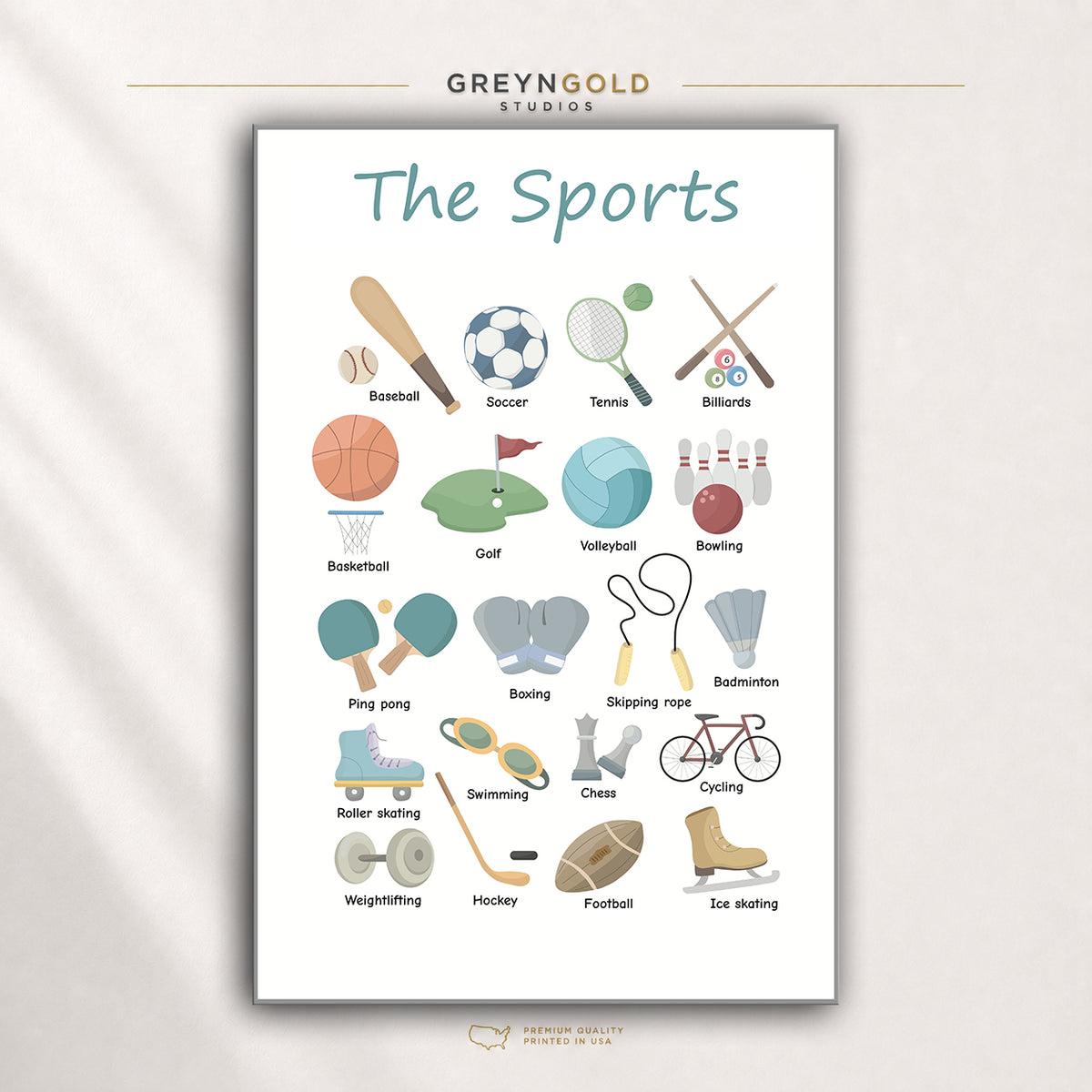 Sports Poster for Kids – Sports Names Learning Chart, Educational Classroom Wall Art, Preschool Kindergarten Homeschool Decor Premium Poster Print - Pick Size