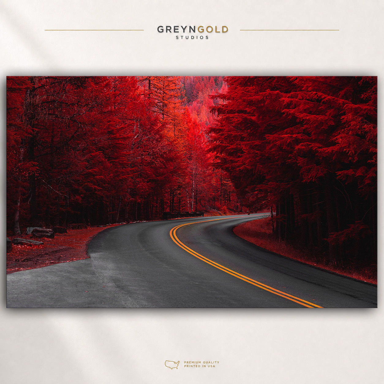 Red Forest Road Wall Art Poster - Autumn Woodland Landscape Print, Scenic Nature Road Poster, Dark Red Forest Decor, Modern Living Room Bedroom Wall Art Premium Poster Print - Pick Size