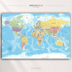 Detailed Political World Map Wall Art Poster – Countries, Cities & Continents Geography Print, Educational World Atlas Map, Classroom School Decor, Travel Office Wall Art, Kids Learning Poster Premium Poster Print - Pick Size