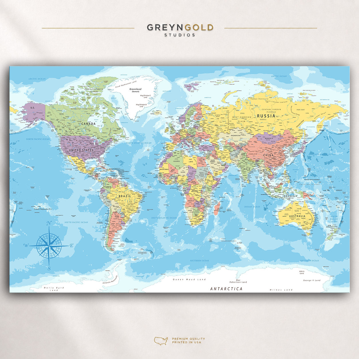 Detailed Political World Map Wall Art Poster – Countries, Cities & Continents Geography Print, Educational World Atlas Map, Classroom School Decor, Travel Office Wall Art, Kids Learning Poster Premium Poster Print - Pick Size