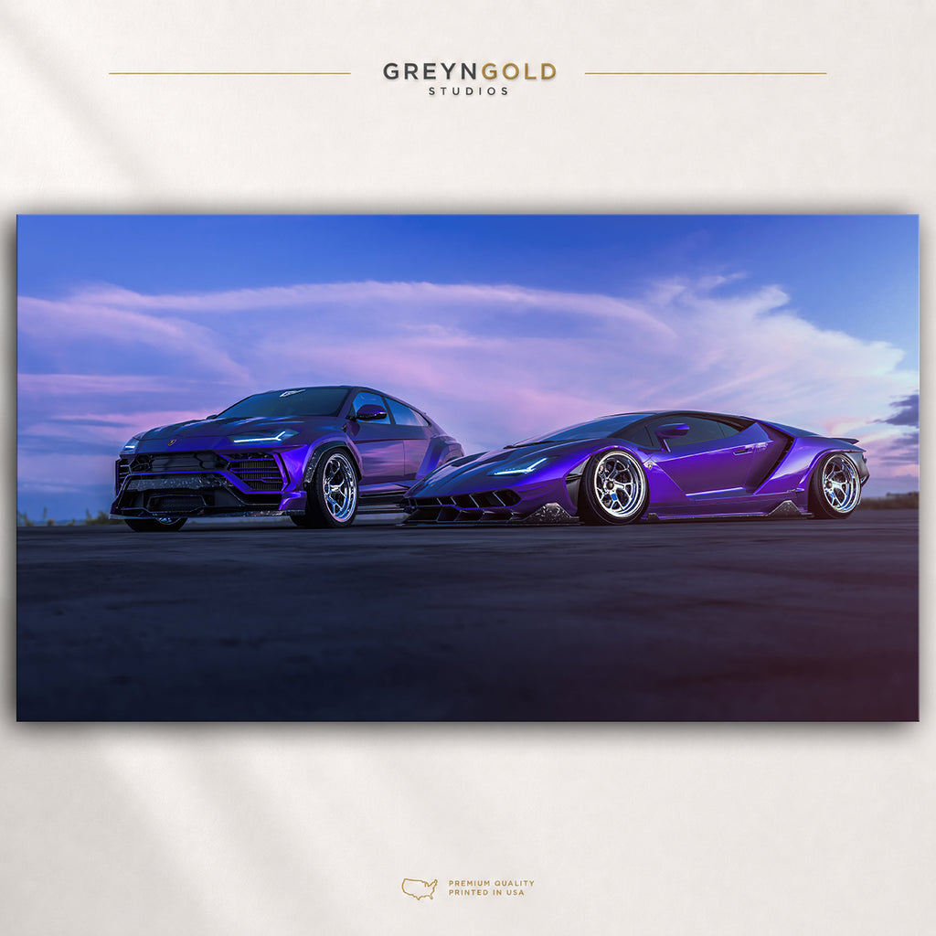 Lamborghini Centenario and Urus Italian Car Poster - Supercar Wall Art, Purple Luxury Sports Car Print, Exotic Automotive Decor, Garage Man Cave Art Premium Poster Print - Pick Size
