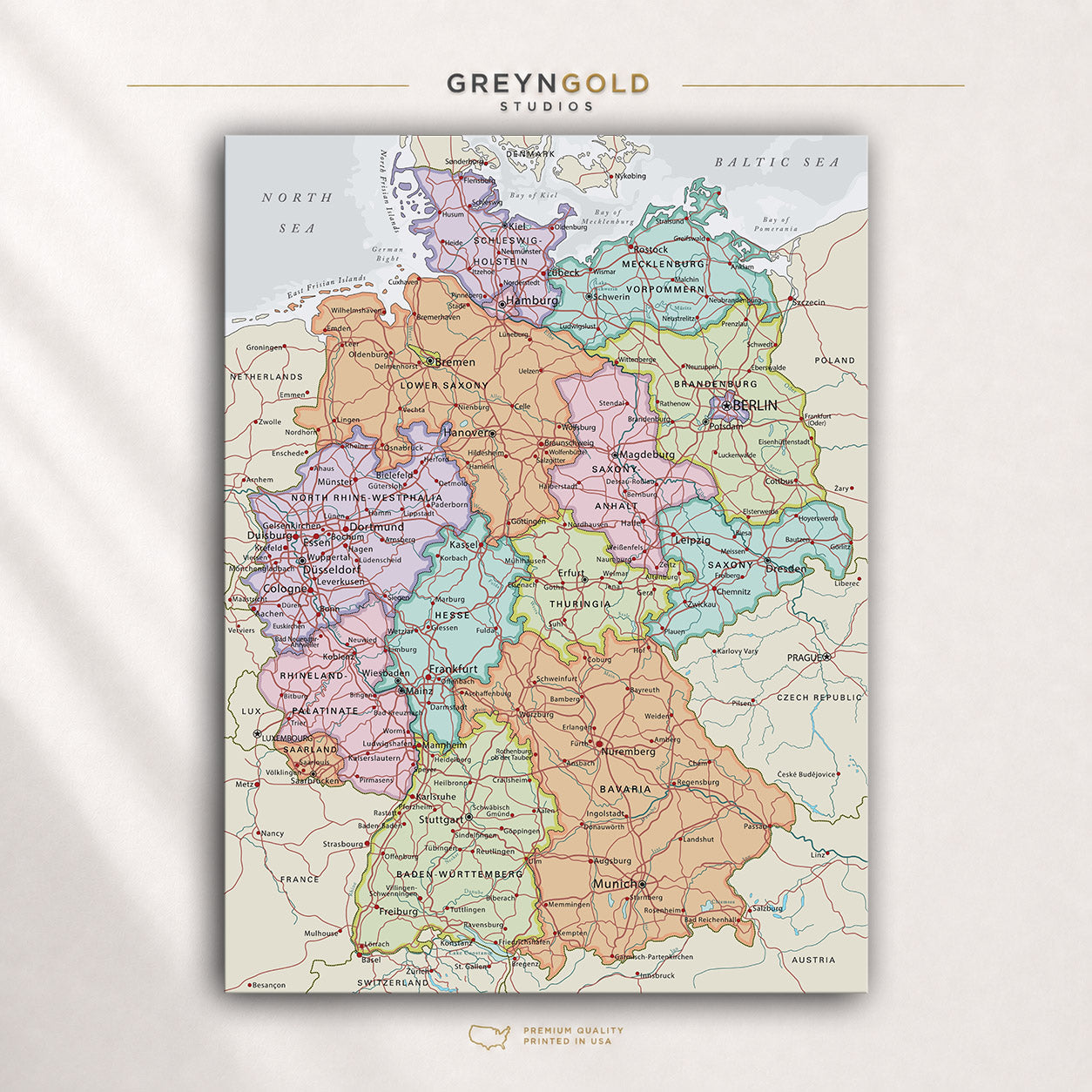 Germany Political Map Wall Art Poster – Detailed German States & Cities Map, Educational Europe Travel Map, Classroom Learning Poster, Kids Study Room Art Premium Poster Print - Pick Size