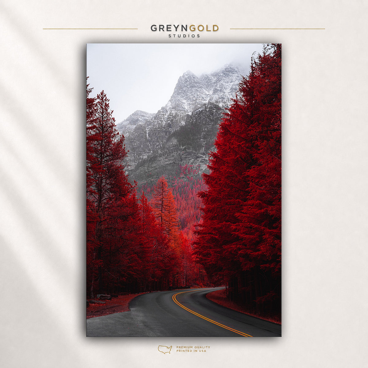 Red Forest Road Autumn Woodland Wall Art - Scenic Nature Poster, Dark Red Forest Decor, Modern Living Room Bedroom Wall Art Premium Poster Print - Pick Size