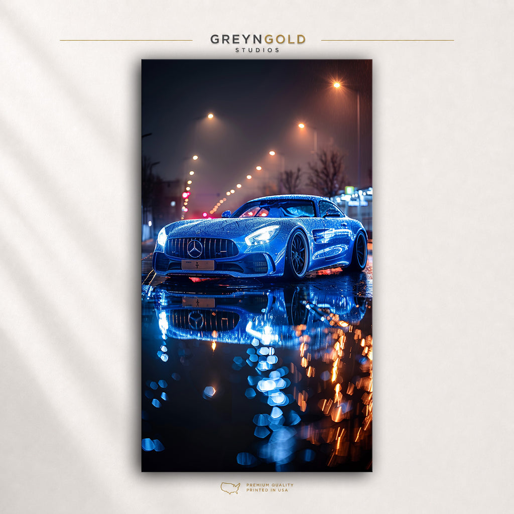 Mercedes-Benz AMG GT Wall Art Poster – Blue Luxury Sports Car Print, Night City Automotive Artwork, German Supercar Garage Decor, Man Cave & Bedroom Wall Art Premium Poster Print - Pick Size