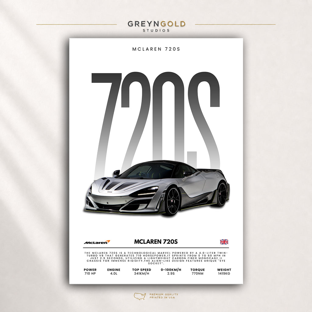 McLaren 720S British Supercar Wall Art - Exotic Sports Car Specification Print, Luxury Performance Car Decor, Racing Garage Art, Car Lover Gift Premium Poster Print - Pick Size