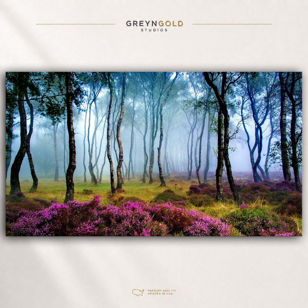 Misty Forest Wildflower Wall Art Poster - Foggy Woodland Print, Purple Nature Poster, Enchanted Forest Decor, Scenic Botanical Wall Art Premium Poster Print - Pick Size