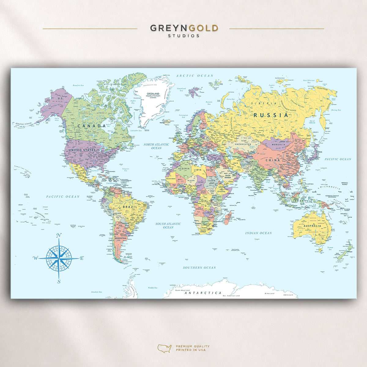 Political World Map Wall Art Poster – Detailed Countries, Cities & Continents Geography Print, Educational World Atlas Map, Classroom School Decor, Travel Office Wall Art, Kids Learning Poster Premium Poster Print - Pick Size